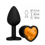 Анальная втулка силиконовая черная с оранжевым кристаллом сердце, 508-10 orange-dd